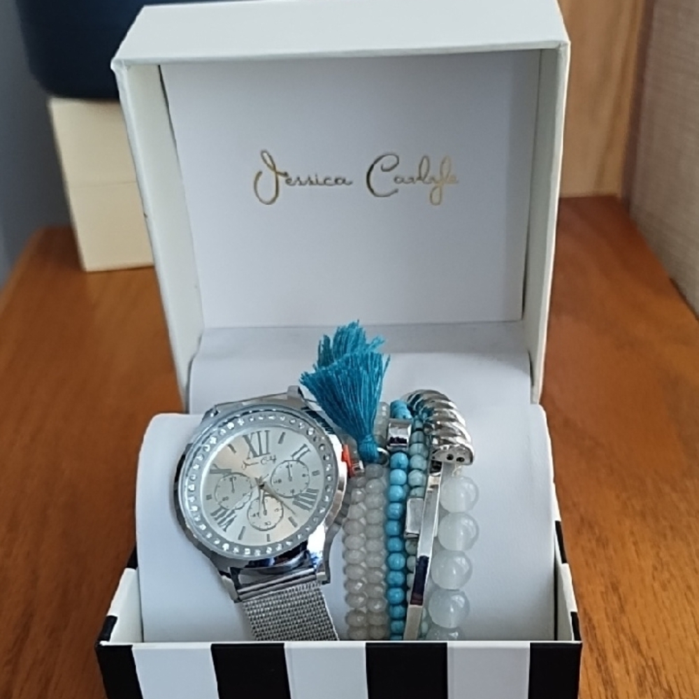 Jessica Carlyle Silver Watch with Turquoise Bracelets